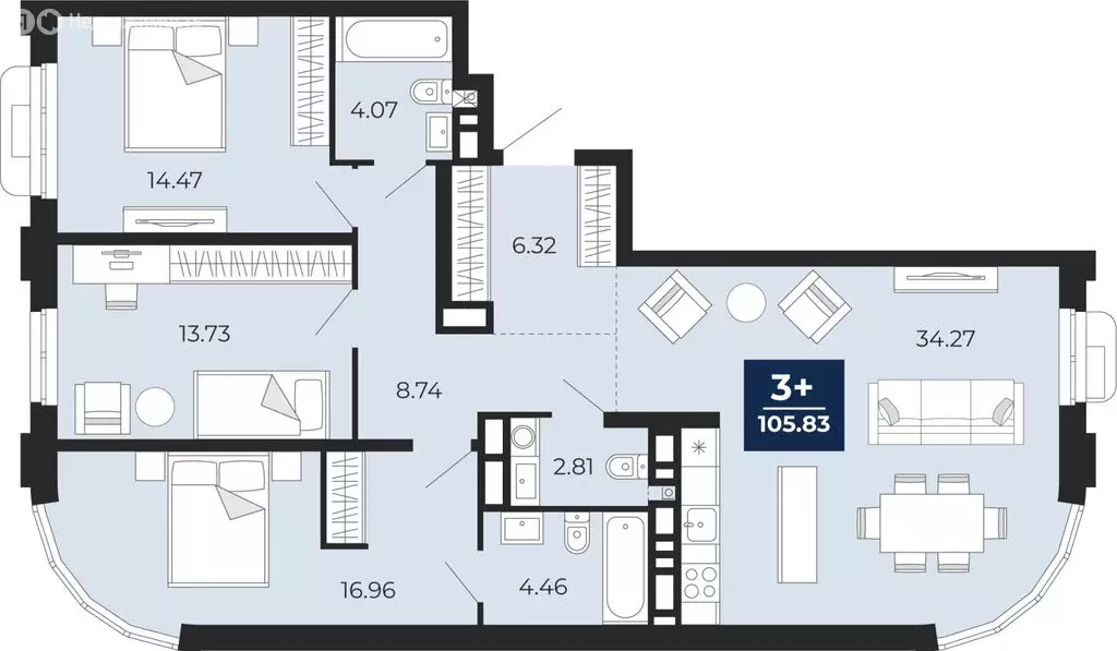 3-комнатная квартира: Тюмень, ЖК Айвазовский Сити (105.83 м) - Фото 1