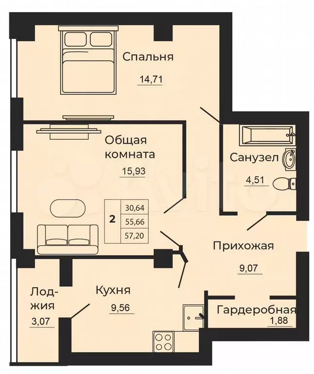 2-к. квартира, 57 м, 13/24 эт. - Фото 0