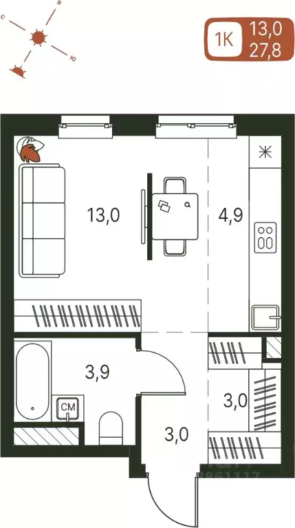 Студия Пермский край, Пермь ул. Серебристая, 1 (27.8 м) - Фото 1