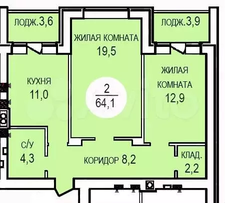 2-к. квартира, 64,1 м, 2/4 эт. - Фото 0