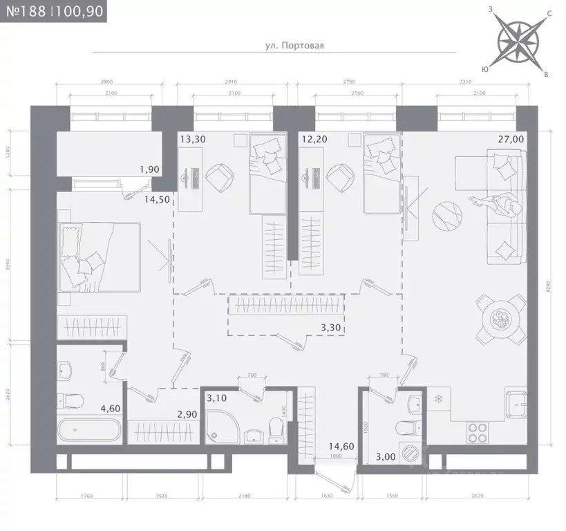 3-к кв. Татарстан, Казань 1712 жилой комплекс (100.9 м) - Фото 1