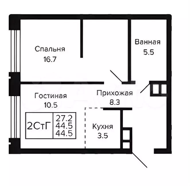 2-к. квартира, 44,5 м, 2/8 эт. - Фото 0