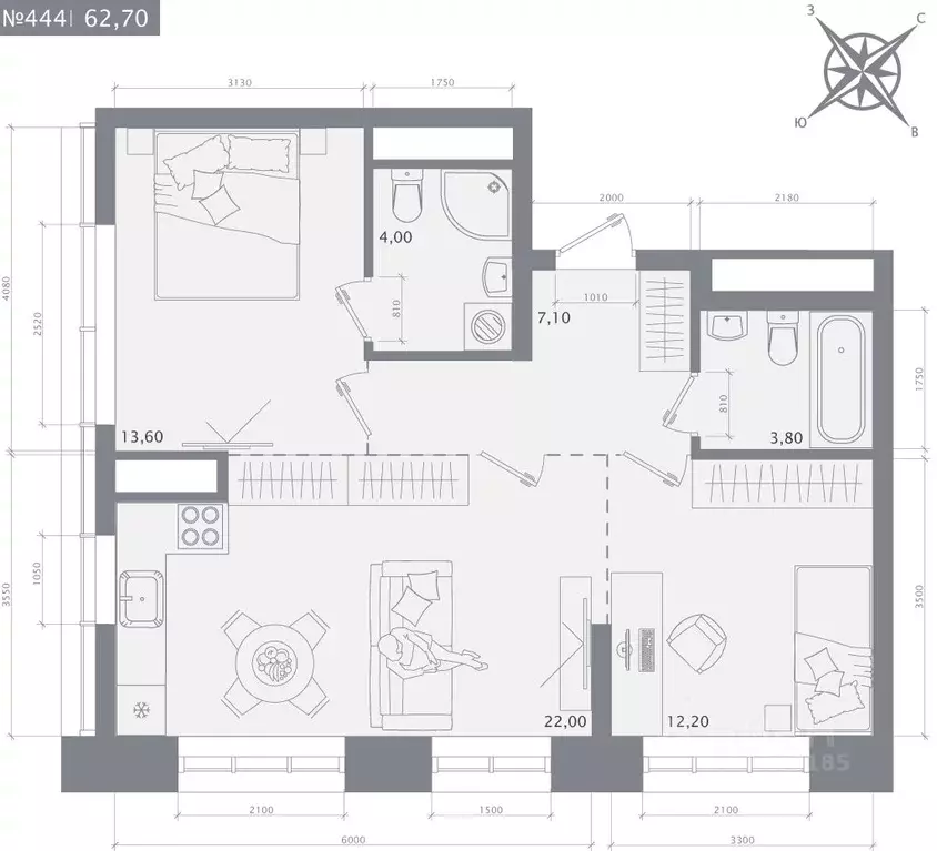 2-к кв. Татарстан, Казань 1712 жилой комплекс (62.7 м) - Фото 1