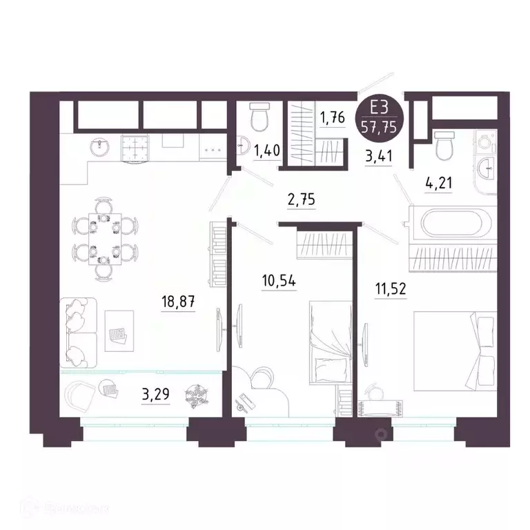 2-к кв. Рязанская область, Рязань Московское ш. (57.75 м) - Фото 1