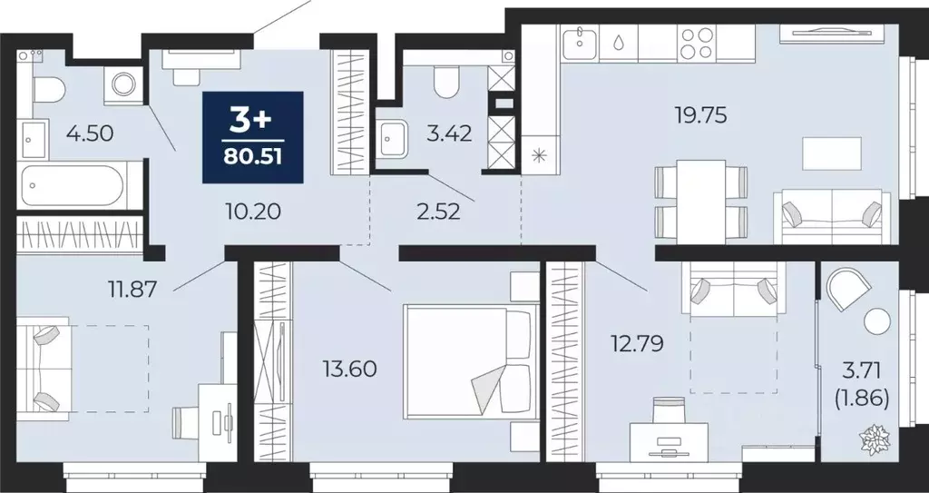 3-к кв. Тюменская область, Тюмень Энтузиастов мкр,  (78.65 м) - Фото 0