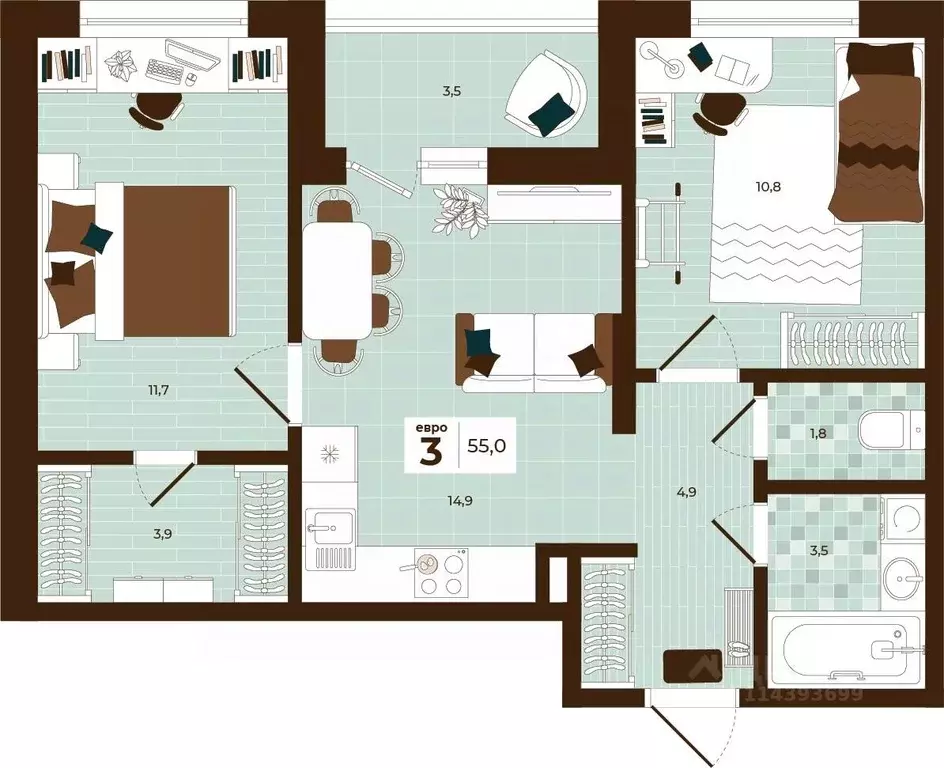 3-к кв. Тульская область, Тула ул. Академика Насоновой, 3 (55.0 м) - Фото 1