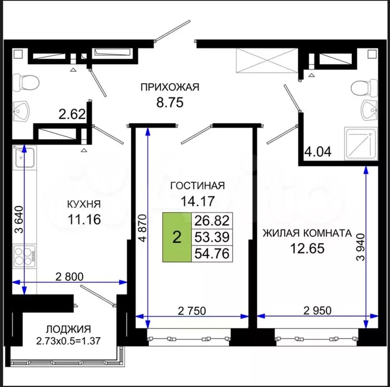 2-к. квартира, 54,8 м, 17/25 эт. - Фото 1