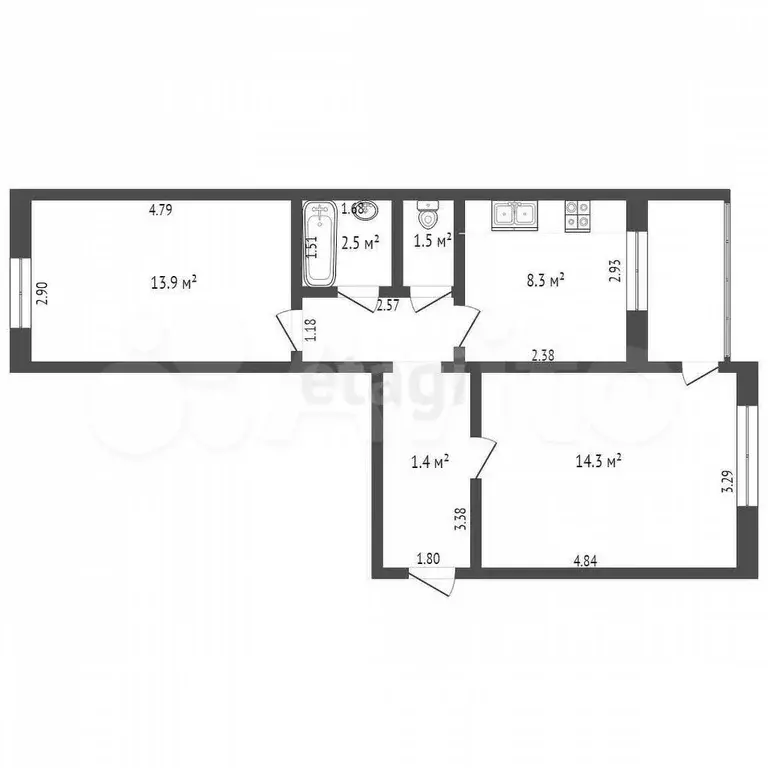 2-к. квартира, 48,7 м, 2/5 эт. - Фото 0