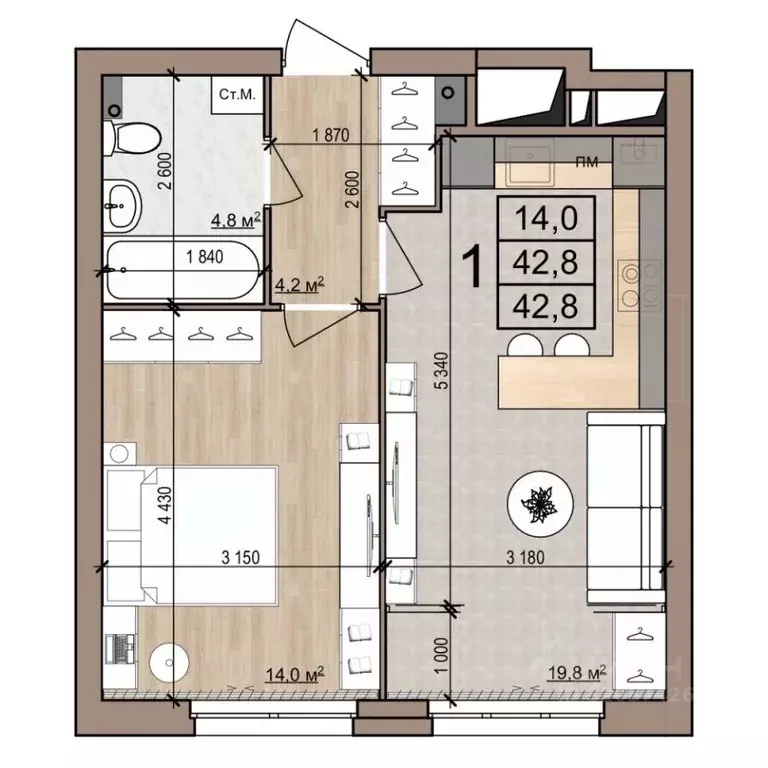 1-к кв. Рязанская область, Рязань ул. Новоселов, 33Б (42.8 м) - Фото 1