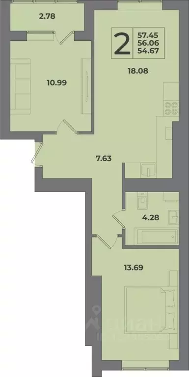 2-к кв. Калининградская область, Калининград Петровский мкр,  (57.45 ... - Фото 1