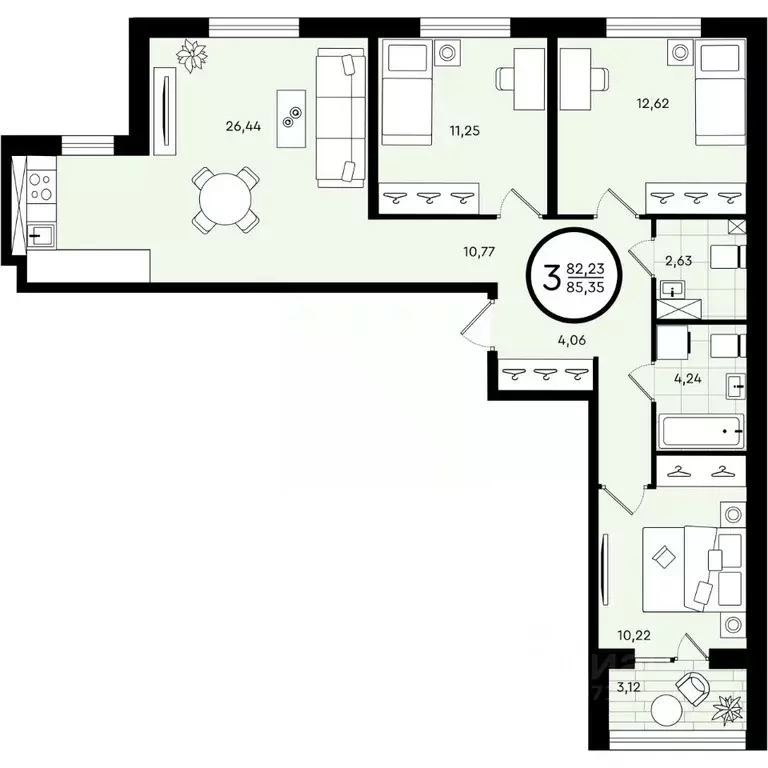 3-к кв. Тюменская область, Тюмень ул. Александра Звягина, 6 (85.35 м) - Фото 0