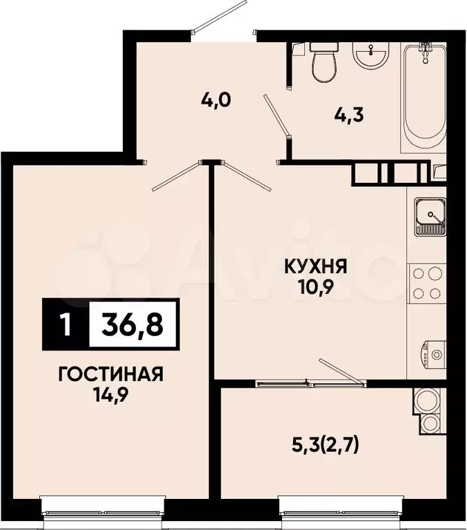 1-к. квартира, 36,8 м, 7/14 эт. - Фото 0