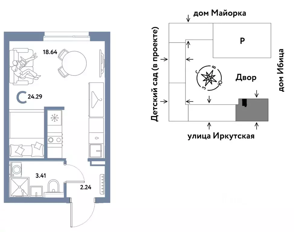 Студия Тюменская область, Тюмень ДОК мкр, ул. Ярославская (24.29 м) - Фото 0