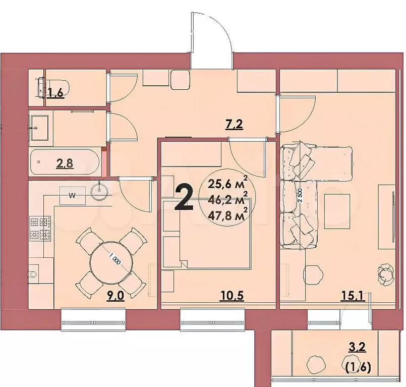 2-к. квартира, 47,8 м, 3/5 эт. - Фото 1