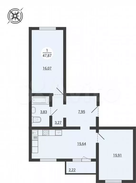 2-к. квартира, 63,8 м, 3/3 эт. - Фото 0