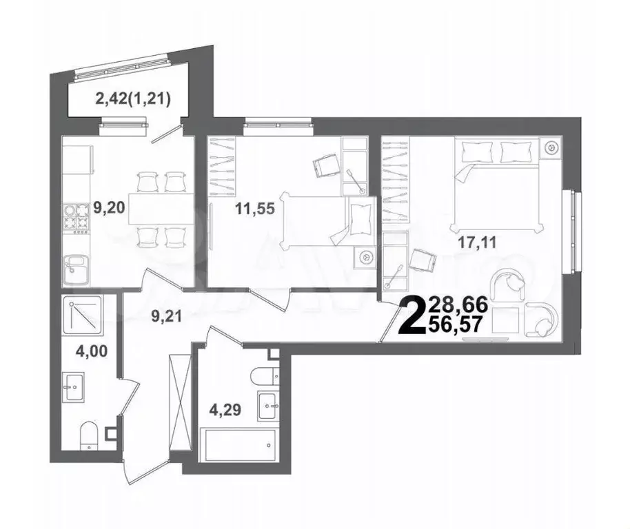 2-к. квартира, 57 м, 2/21 эт. - Фото 1