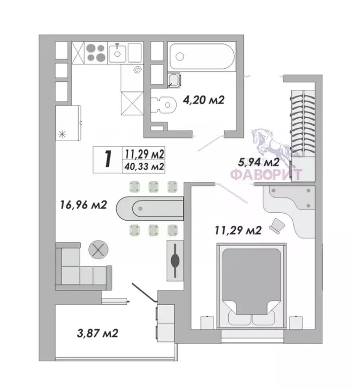 Квартира, 1 комната, 40.33 м - Фото 1
