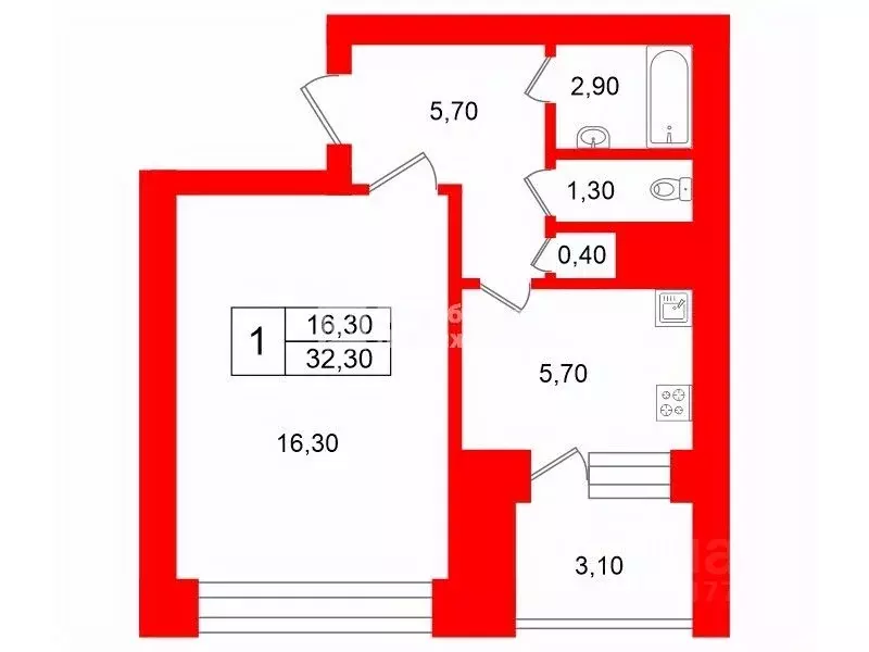 1-к кв. Санкт-Петербург ул. Беринга, 34 (32.3 м) - Фото 2