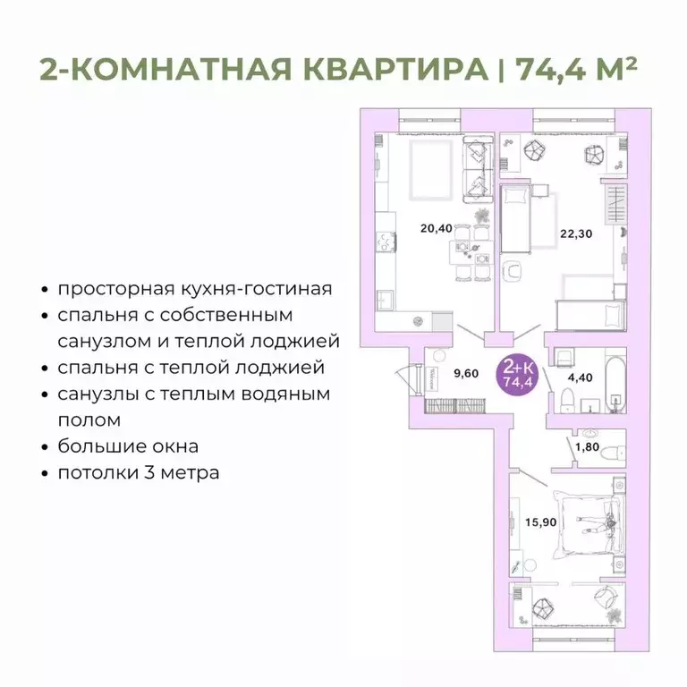 2-к кв. Оренбургская область, Оренбург Ростоши Премьер мкр,  (74.4 м) - Фото 0