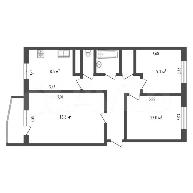 3-к. квартира, 58,7 м, 5/5 эт. - Фото 0