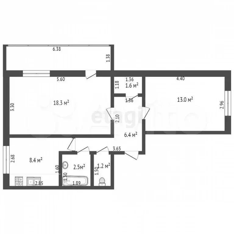 2-к. квартира, 51,6 м, 1/5 эт. - Фото 0