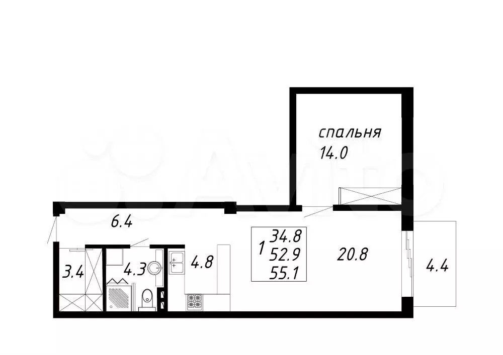 1-к. квартира, 55,1 м, 4/8 эт. - Фото 0