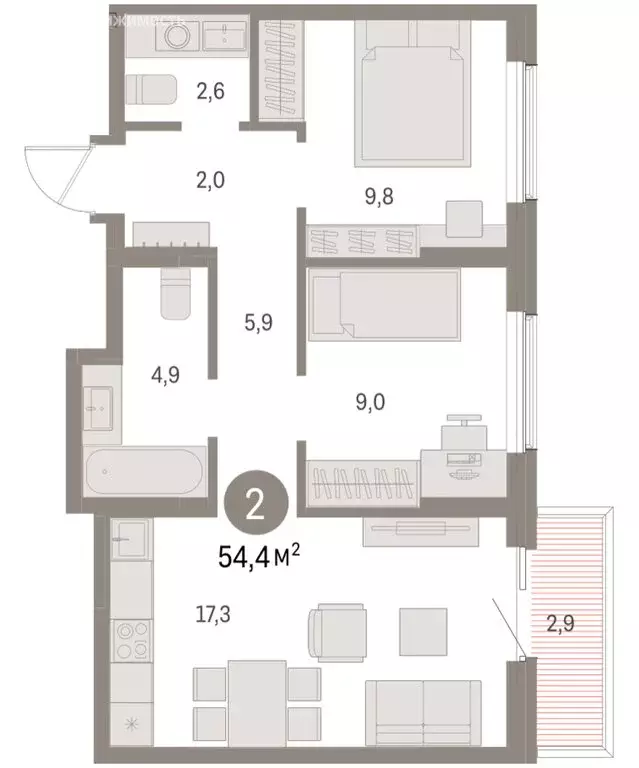 2-комнатная квартира: Курган, жилой район Центральный, ЖК Дом Кино ... - Фото 2