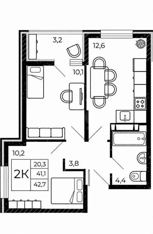 2-комнатная квартира: Аксай, ЖК Флора (42.7 м) - Фото 0