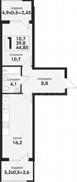 1-к. квартира, 44,9 м, 1/4 эт. - Фото 1