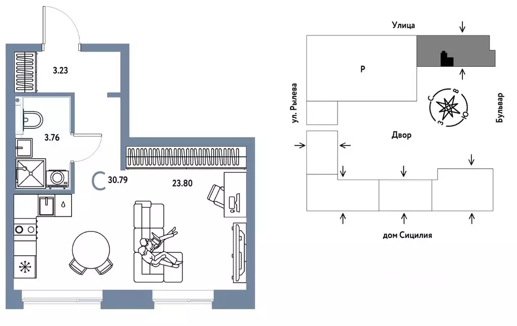 Студия Тюменская область, Тюмень ДОК мкр, ул. Ярославская, 9к1 (30.79 ... - Фото 1