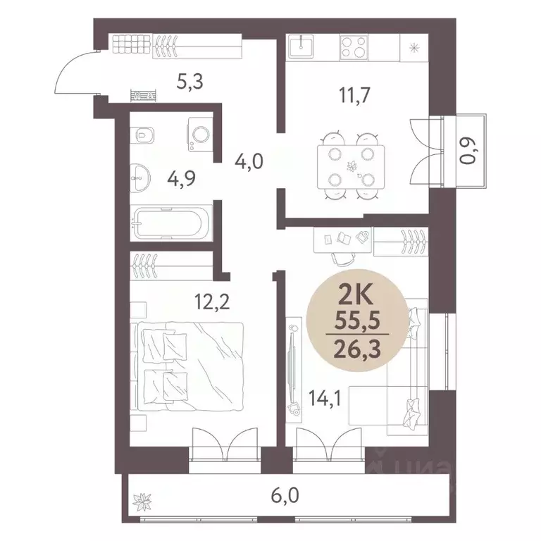 2-к кв. Новосибирская область, Новосибирск  (55.5 м) - Фото 0