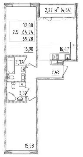 Продаётся 2-к квартира, 64.74 м - Фото 1