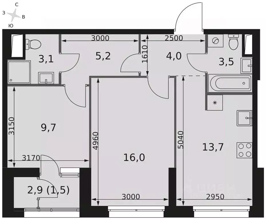 2-к кв. Москва Строительный проезд, 9к1 (56.7 м) - Фото 1