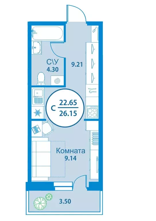 Квартира-студия: Тюмень, улица Вадима Бованенко, 3 (26 м) - Фото 2