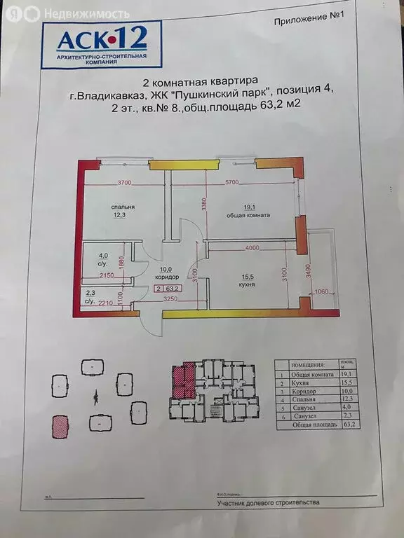 2-комнатная квартира: Владикавказ, улица Кантемира Гусова, 7/1 (63.2 ... - Фото 0