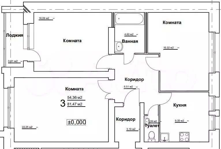 3-к. квартира, 73,6 м, 2/3 эт. - Фото 0