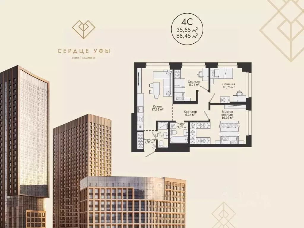 4-к кв. Башкортостан, Уфа Сердце Уфы жилой комплекс (68.45 м) - Фото 1