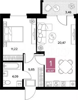 1-к. квартира, 42,5 м, 6/9 эт. - Фото 0