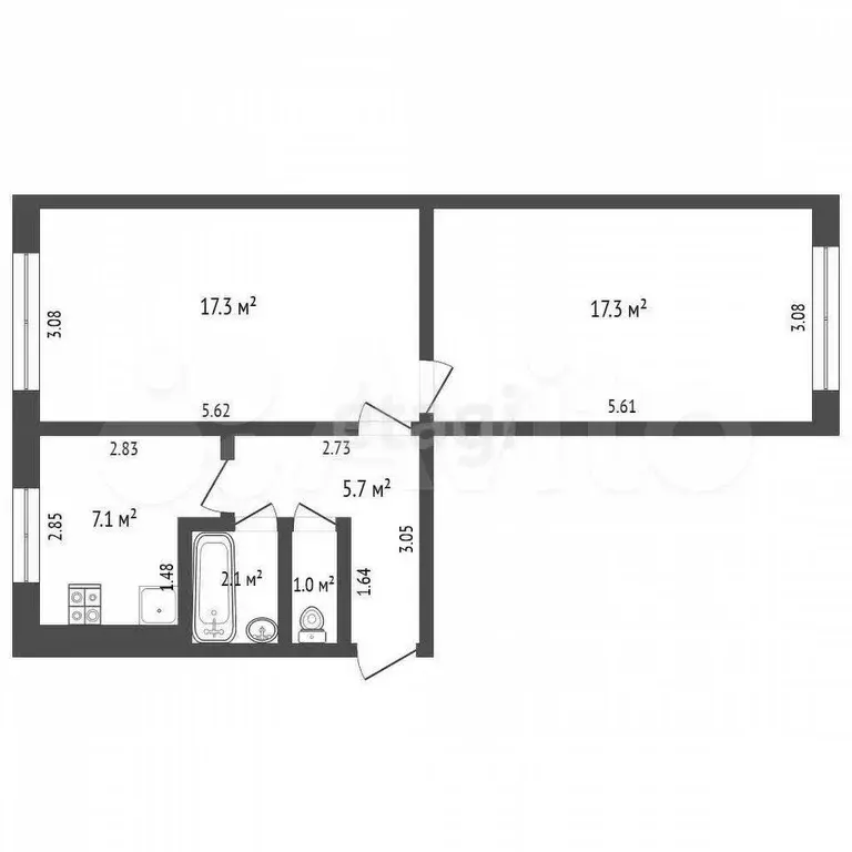 2-к. квартира, 50,8 м, 2/5 эт. - Фото 0