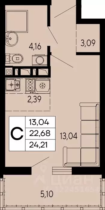 Студия Адыгея, Майкоп 9 Мая ул. (24.21 м) - Фото 1