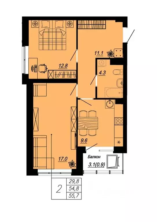 2-к кв. Свердловская область, Екатеринбург ул. Блюхера, 89 (55.7 м) - Фото 0