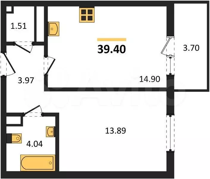 1-к. квартира, 39,4 м, 14/16 эт. - Фото 1
