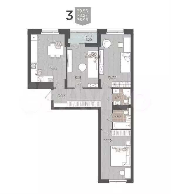 3-к. квартира, 79,5 м, 9/9 эт. - Фото 1