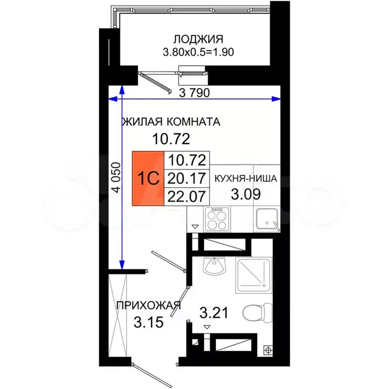 Квартира-студия, 22,1 м, 22/25 эт. - Фото 1