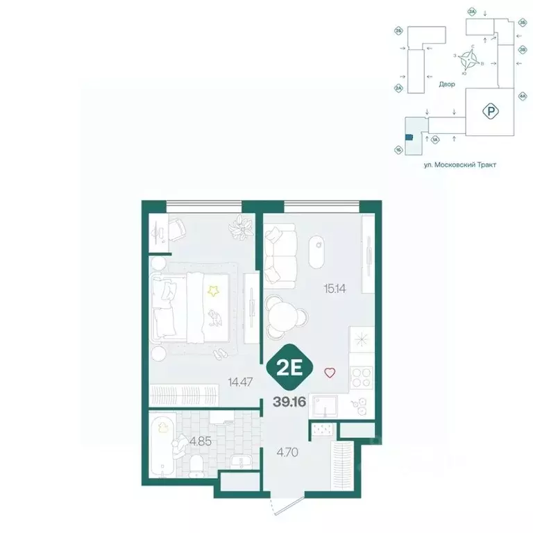 2-к кв. Тюменская область, Тюмень Сибирский жилой комплекс (39.16 м) - Фото 1