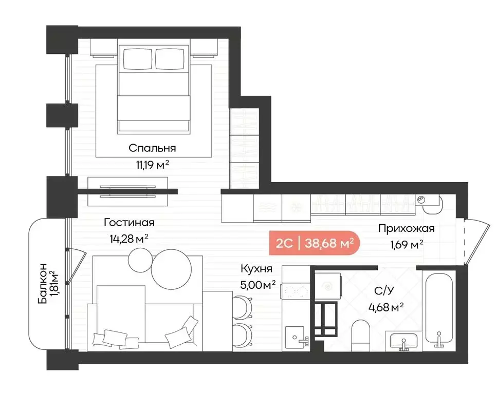 2-комнатная квартира: Новосибирск, Ленинградская улица, 342 (38.68 м) - Фото 1