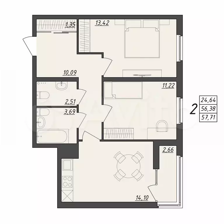 2-к. квартира, 57,7 м, 2/10 эт. - Фото 0