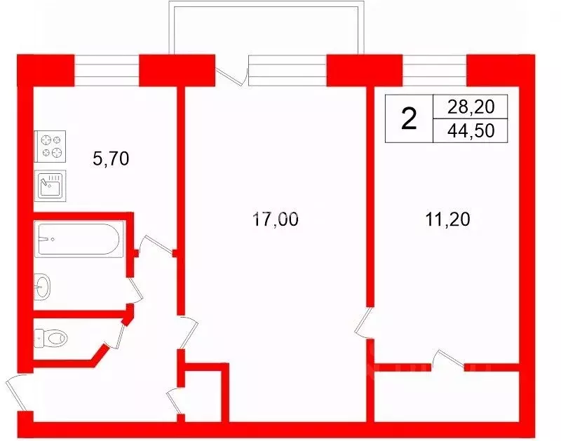 2-к кв. Санкт-Петербург просп. Юрия Гагарина, 31 (44.5 м) - Фото 2