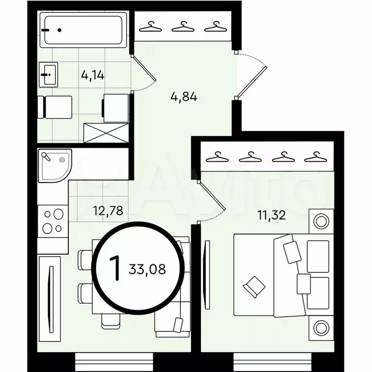 1-к. квартира, 33,1 м, 2/4 эт. - Фото 0