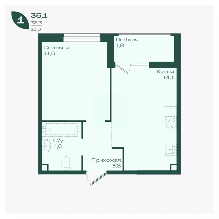 1-к кв. Краснодарский край, Краснодар Ботаника жилой комплекс (35.1 м) - Фото 1